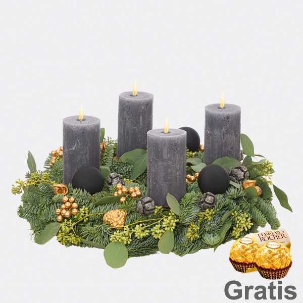 Anthrazitfarbener Adventskranz (Ø 30 cm) mit 2 Ferrero Rocher
