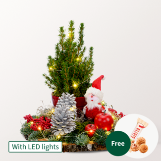 Arrangement Santa with X-Mas lights & with 3 Ferrero Giotto