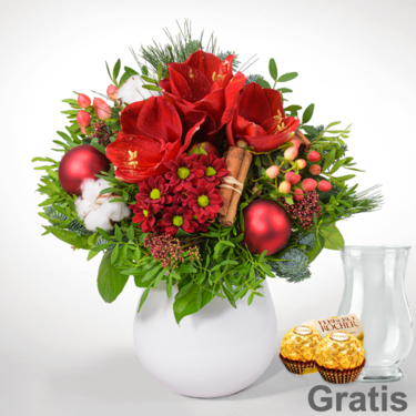 Blumenstrauß Merry Christmas mit Vase & 2 Ferrero Rocher