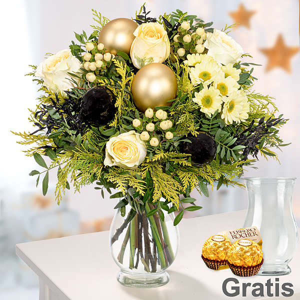 Blumenstrauß Weihnachtsstrahlen mit Vase & 2 Ferrero Rocher