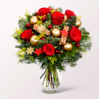 Blumenstrauß Weihnachtsmix mit Halloren Kugeln & Vase
