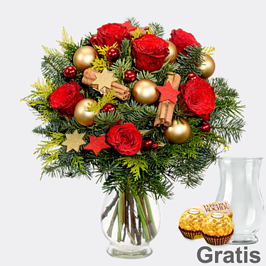 Blumenstrauß Weihnachtsmix mit Vase & 2 Ferrero Rocher