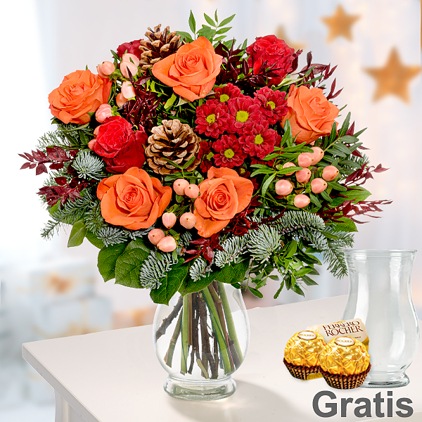 Blumenstrauß Winterzeit mit Vase & 2 Ferrero Rocher