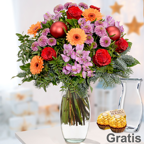 Blumenstrauß Bescherung mit Vase & 2 Ferrero Rocher