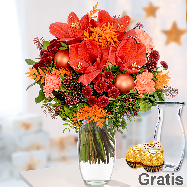 Blumenstrauß Winterfeuer mit Vase & 2 Ferrero Rocher