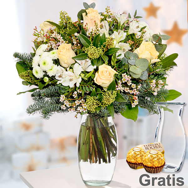 Blumenstrauß Winterengel mit Vase & 2 Ferrero Rocher