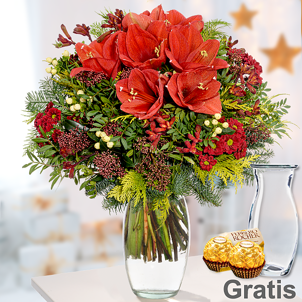 Blumenstrauß Weihnachtsfest mit Vase & 2 Ferrero Rocher