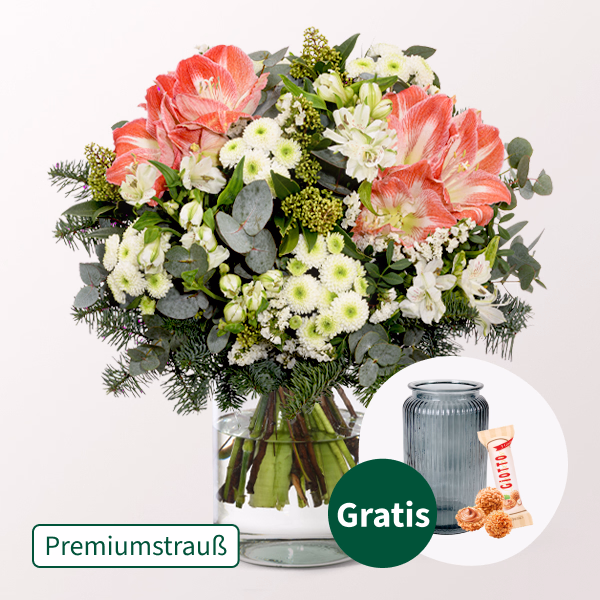 Premiumstrauß Winterliebe mit Premiumvase & Halloren Kugeln
