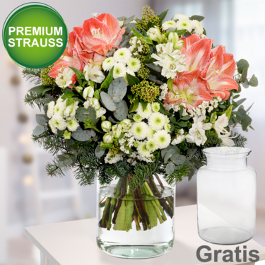 frisch gebunden Premiumstrauß Winterliebe mit Premiumvase