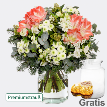 Premiumstrauß Winterliebe mit Premiumvase & 2 Ferrero Rocher