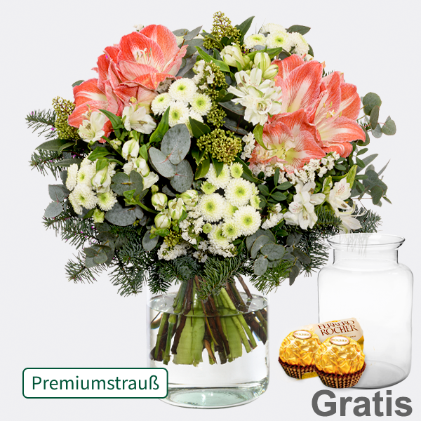 Premiumstrauß Winterliebe mit Premiumvase & 2 Ferrero Rocher