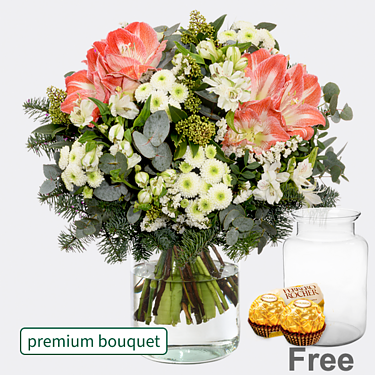 Premium Bouquet Winterliebe with premium vase & 2 Ferrero Rocher