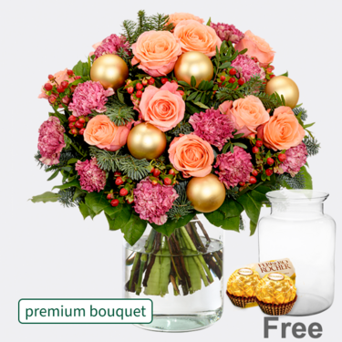Flower Bouquet Winterzauber with premium vase & 2 Ferrero Rocher
