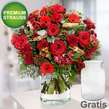 frisch gebunden Premiumstrauß Weihnachtsromanze mit Premiumvase