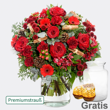 frisch gebunden Premiumstrauß Weihnachtsromanze mit Premiumvase & 2 Ferrero Rocher