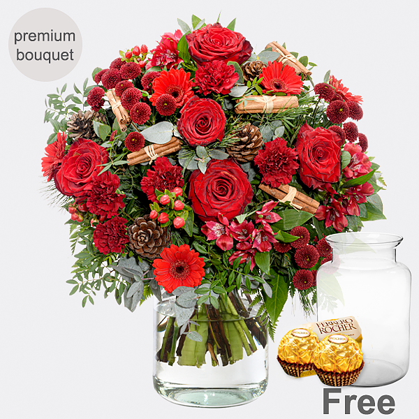 Premium Bouquer Weihnachtsromanze with premium vase & 2 Ferrero Rocher
