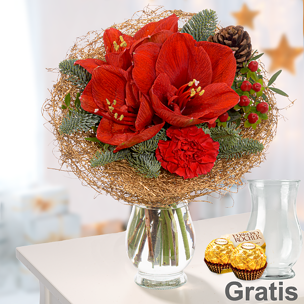 Blumenstrauß Goldene Weihnachten mit Vase & 2 Ferrero Rocher