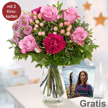 frisch gebunden Blumenstrauß Wintertanz mit 2 Kinokarten & Vase