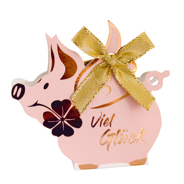 Glücksschweinchen Rosa, gefüllt mit Gianduja-Nougat-Crisp