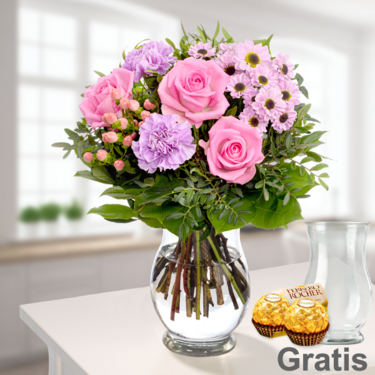 frisch gebunden Blumenstrauß Freude mit Vase & 2 Ferrero Rocher