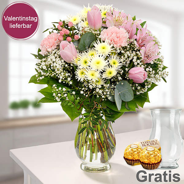 Blumenstrauß Liebesbrise mit Vase & 2 Ferrero Rocher