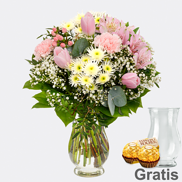 Blumenstrauß Liebesbrise mit Vase & 2 Ferrero Rocher