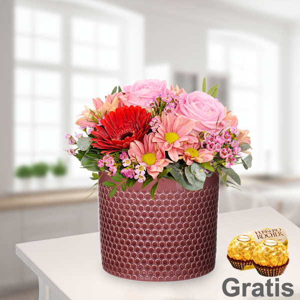 Blumenarrangement Danke mit 2 Ferrero Rocher