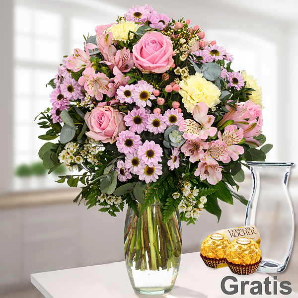 Blumenstrauß Rosa Himmel mit Vase & 2 Ferrero Rocher