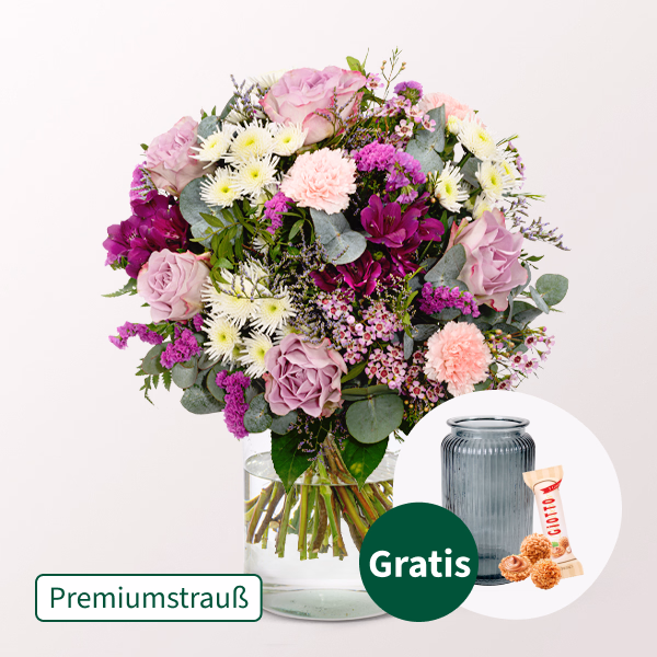 Premiumstrauß Traumhaft mit Premiumvase & Ferrero Giotto