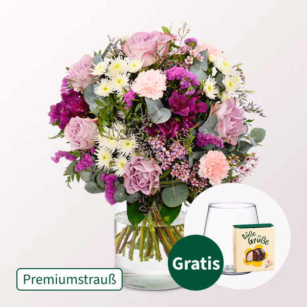 Premiumstrauß Traumhaft mit Premiumvase & Halloren Kugeln