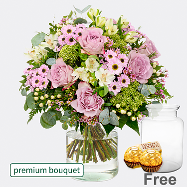 Premium Bouquet Von Herzen with premium vase & 2 Ferrero Rocher