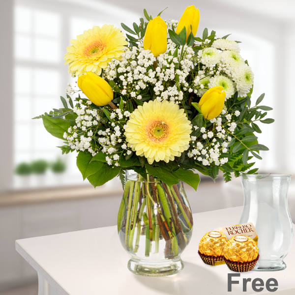 Flower Bouquet Sonnentag with vase & 2 Ferrero Rocher