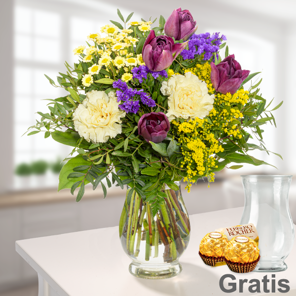 Blumenstrauß Frühlingsgarten mit Vase & 2 Ferrero Rocher