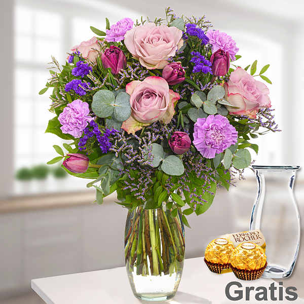 Blumenstrauß Frühlingstanz mit Vase & 2 Ferrero Rocher