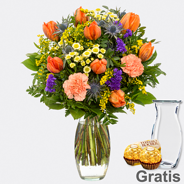 Blumenstrauß Frühlingserwachen mit Vase & 2 Ferrero Rocher