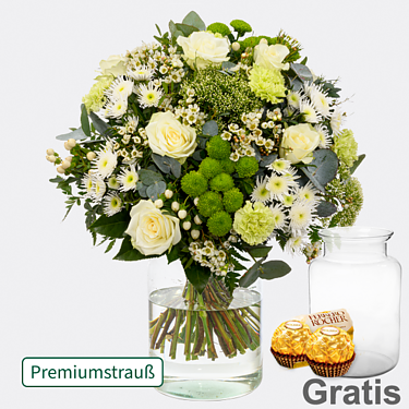 Premiumstrauß Frühlingsfrische mit Premiumvase & 2 Ferrero Rocher
