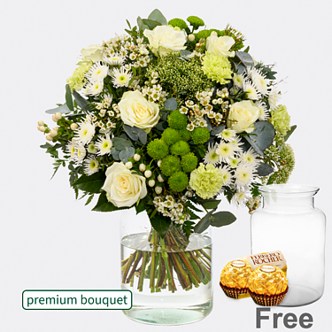 Premium Bouquet Frühlingsfrische with premium vase & 2 Ferrero Rocher