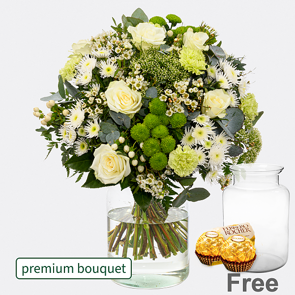 Premium Bouquet Frühlingsfrische with premium vase & 2 Ferrero Rocher