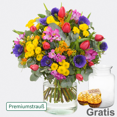 frisch gebunden Premiumstrauß Lebensfreude mit Premiumvase & 2 Ferrero Rocher