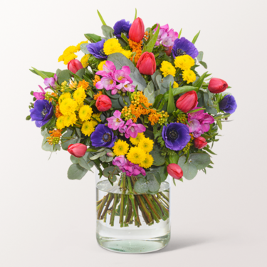 Premium Bouquet Lebensfreude mit Premium Vase & 3 Ferrero Giotto