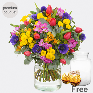 Premium Bouquet Lebensfreude with premium vase & 2 Ferrero Rocher