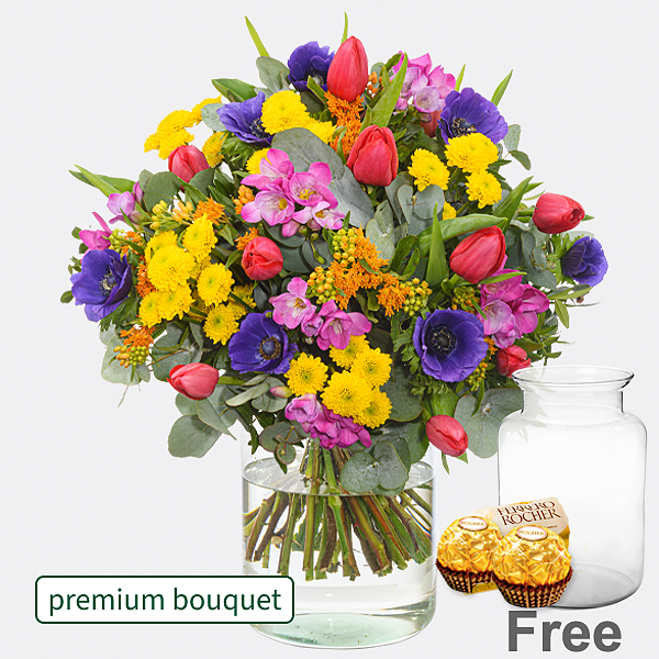 Premium Bouquet Lebensfreude with premium vase & 2 Ferrero Rocher