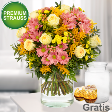 frisch gebunden Premiumstrauß Frühlingssonne mit Premiumvase & 2 Ferrero Rocher