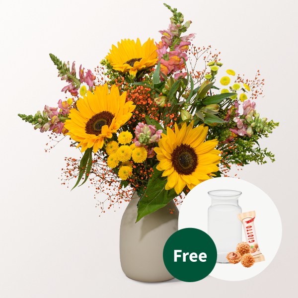 Flower Bouquet Sonnenstrahl with vase & 3 Ferrero Giotto