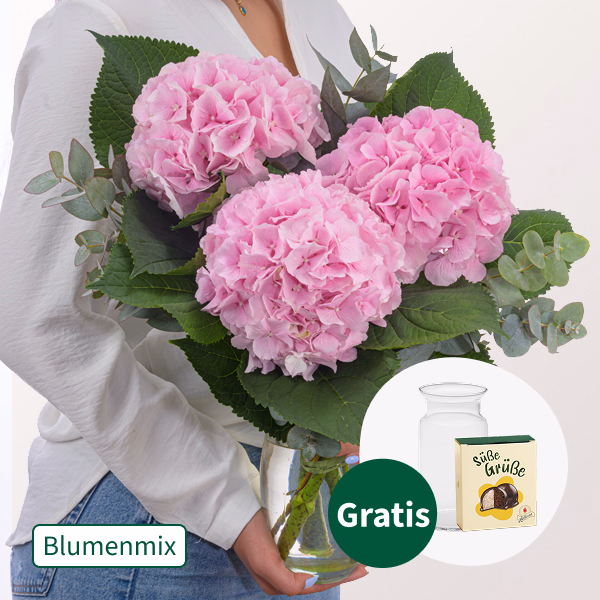 Rosa Hortensien mit Eukalyptus mit Halloren Kugeln & Vase