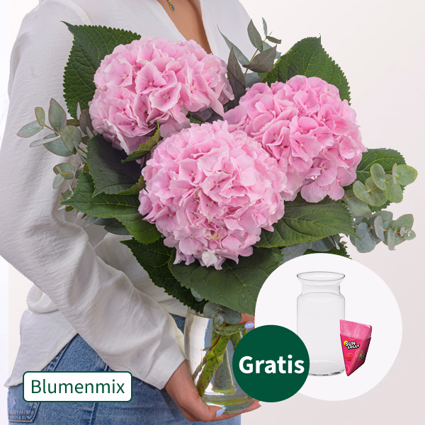 Rosa Hortensien mit Eukalyptus mit SunLolly Himbeere & Vase