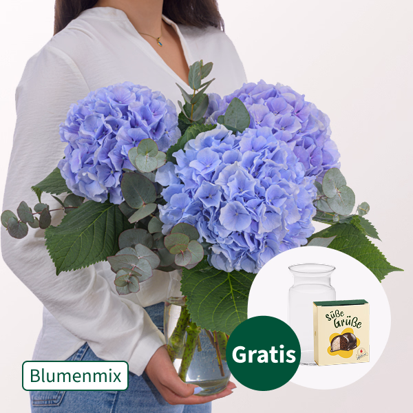 Blaue Hortensien mit Eukalyptus mit Halloren Kugeln & Vase
