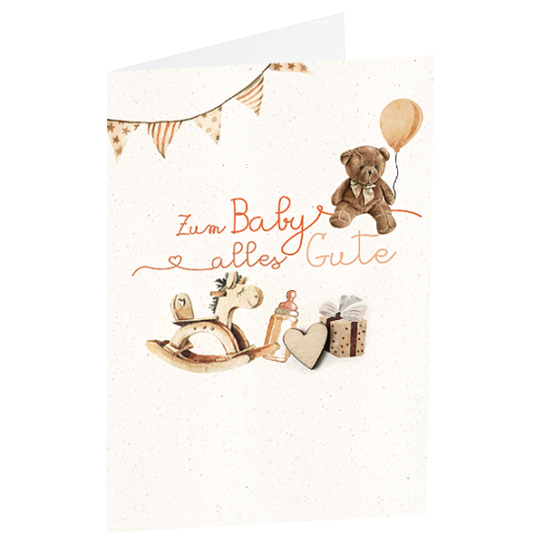 Motif card "Zum Baby alles Gute" (Happy Birthday to the baby), with attached wooden heart