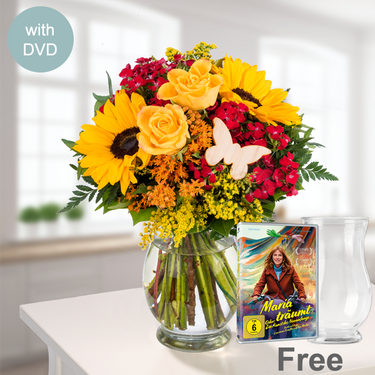 freshly tied Flower Bouquet Herbstglühen with DVD & vase