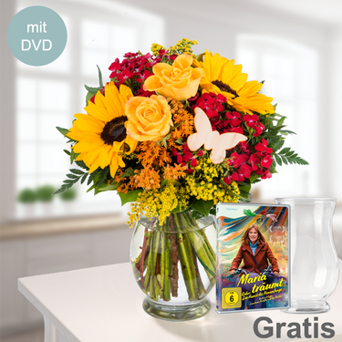 frisch gebunden Blumenstrauß Herbstglühen mit DVD & Vase